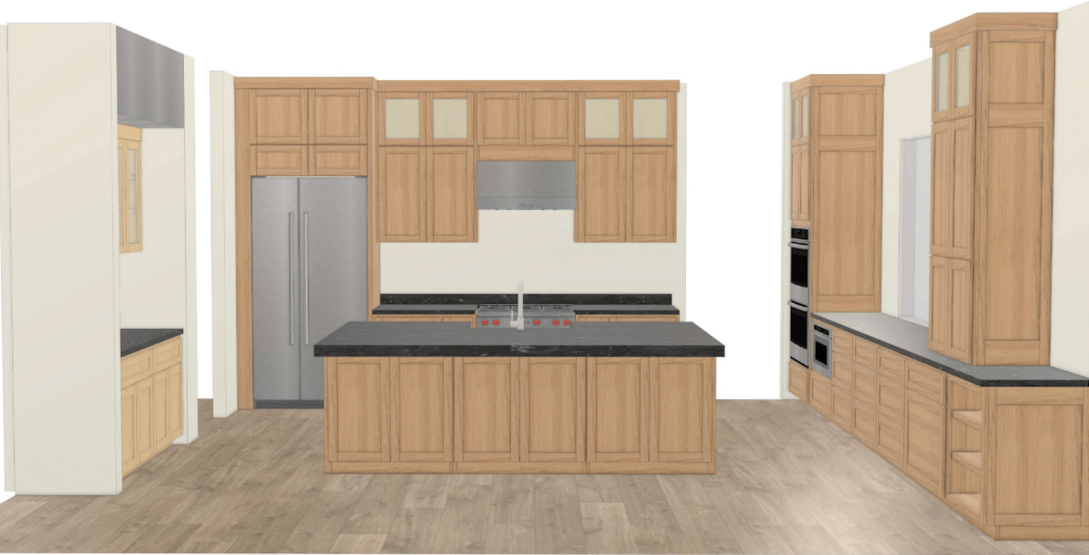 3D rendering of a custom white oak kitchen by Amaya showing the range wall, island, and double oven run